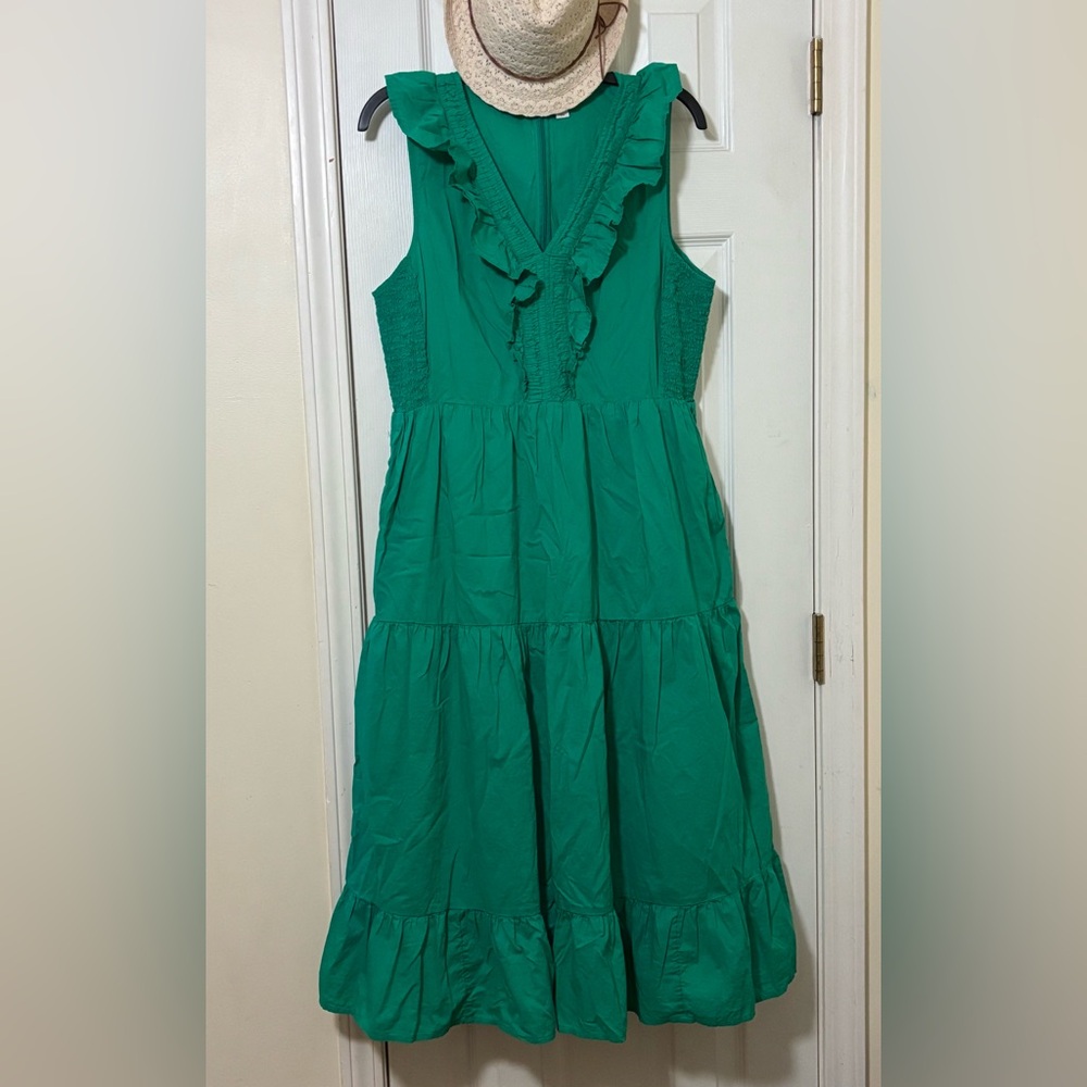 J. Crew Green Sleeveless Ruffle Midi Dress